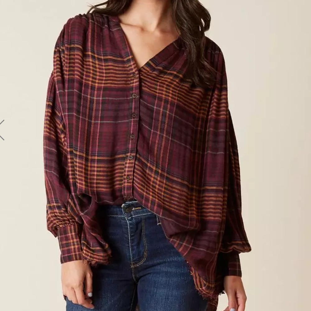 Free People Come On Over Button Down Plaid Top